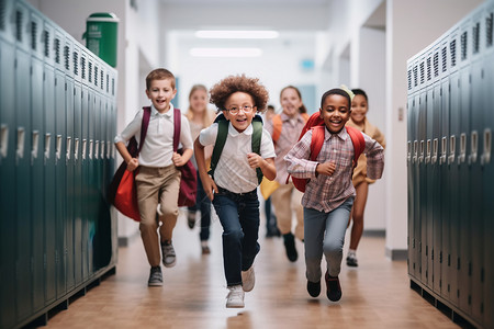 放学奔跑回家的小学生背景图片