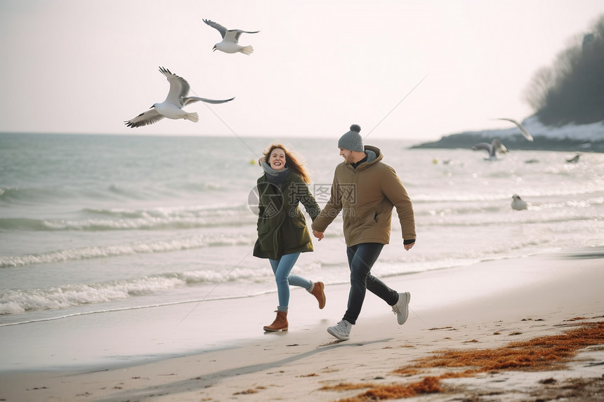 冬天海滩上奔跑的情侣图片