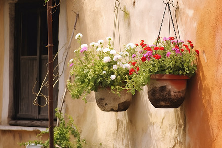 挂墙盆栽绿萝挂在墙上的鲜花背景