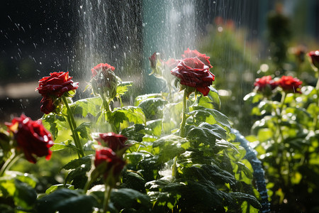 玫瑰场景花园里浇花的场景背景