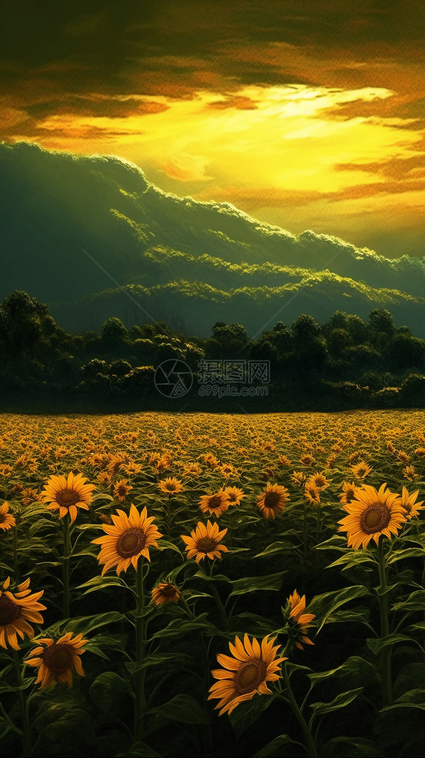 向日葵耸立在稻田景观图片