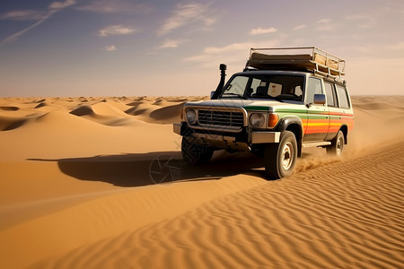 沙漠中快速驾驶的吉普车图片