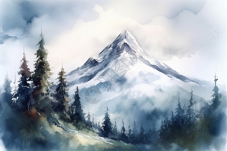 水彩插画雪山景观图片