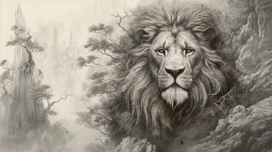 手绘野生狮子创意插图背景图片