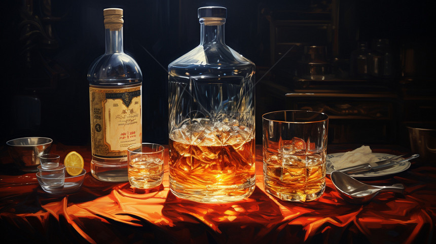 餐桌上的威士忌酒图片