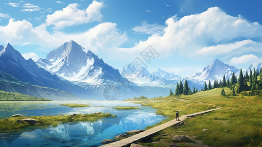 木码头桥湖美丽的塞里木湖艺术插图插画