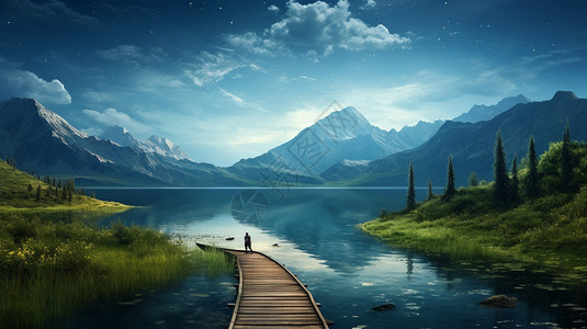 木码头桥湖塞里木湖的景观插图插画