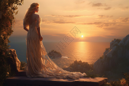插画海边海边悬崖上穿长裙的女子背景