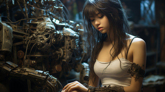 正在修复铠甲的机械女孩背景图片