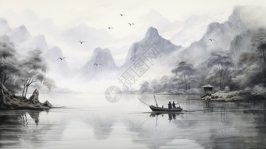 湖泊捕鱼的渔民山水画图片