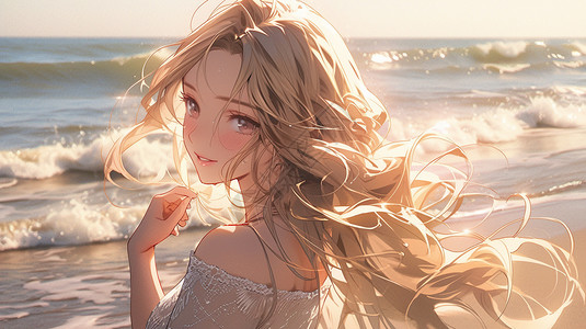 二次元沙滩上的美少女插图背景图片