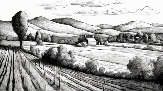 山间农场的黑白绘画图片