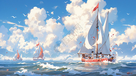 宫崎风沙滩海上帆船插图背景图片