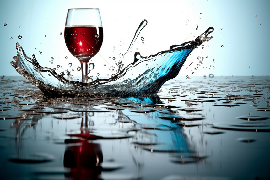 红酒杯放在浅水面溅起的水滴图片