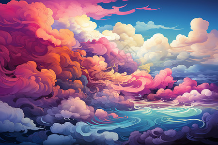 七彩云霞精美从彩色云层绘画插画
