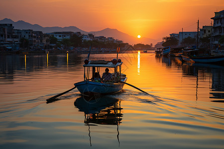 船在港在秋盆河上行驶的船背景