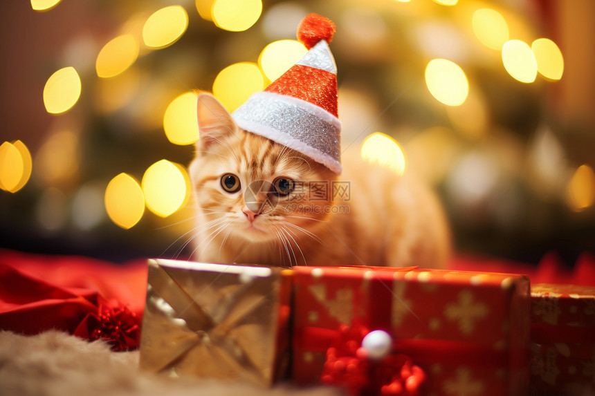 戴圣诞帽的猫猫图片
