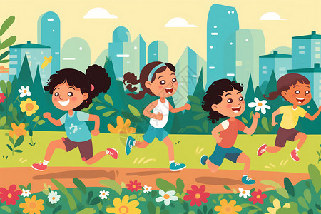 一群小女孩在奔跑背景图片
