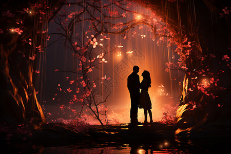 夜景樱花拥抱在一起的情侣设计图片