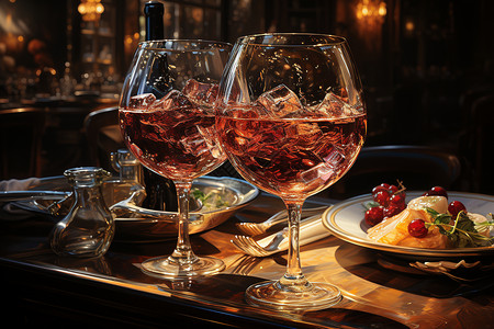 扁平风盘子里的水果杯子里的红酒设计图片
