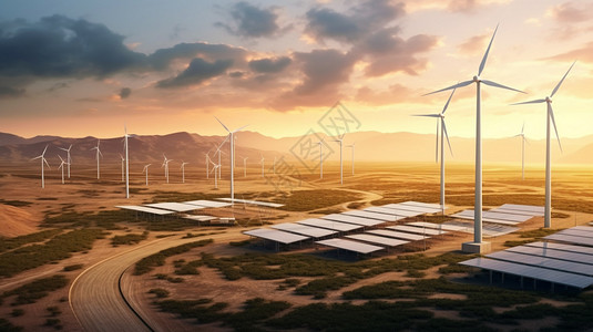环保能源风电机安装的风力涡轮机和光伏背景