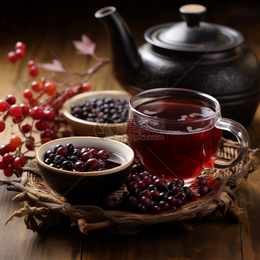 健康的茶水和浆果图片