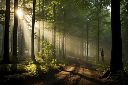 日出下的森林景象图片