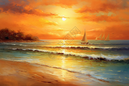 一幅描绘沙滩的油画图片