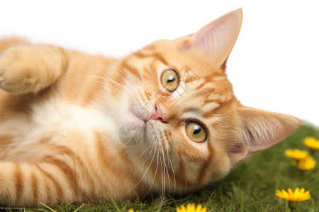 草坪上的两只猫躺在草坪上的虎斑猫背景