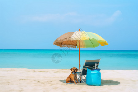 沙滩上遮阳伞下的小狗狗图片