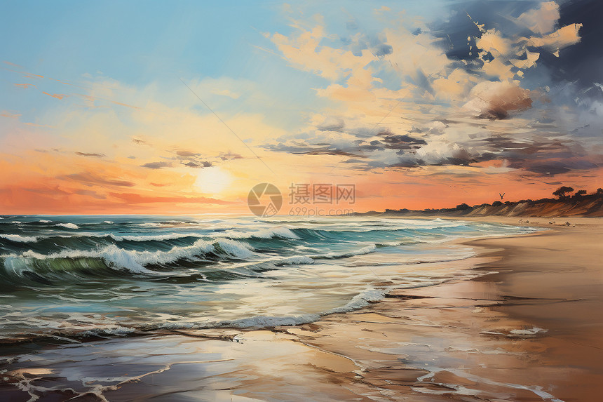 沙滩风景的油画图片