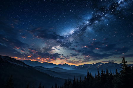 冬天夜晚山间星空的景观图片