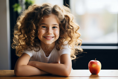 喜爱吃苹果的外国小女孩背景图片