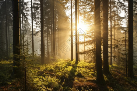 阳光穿过森林的美丽景观图片