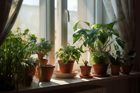 窗台上的绿植盆栽背景图片