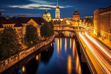 柏林城市的夜晚景观高清图片