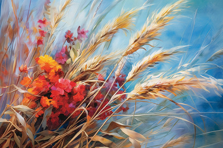 单根小麦茎的油画插图背景图片