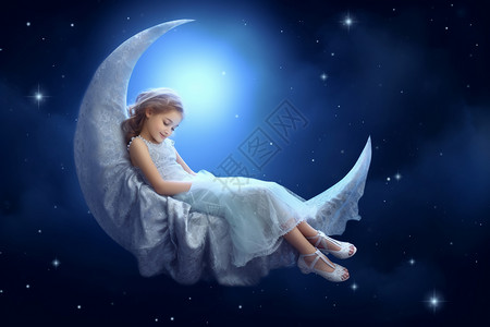 睡眠女孩躺在月亮上的女孩设计图片