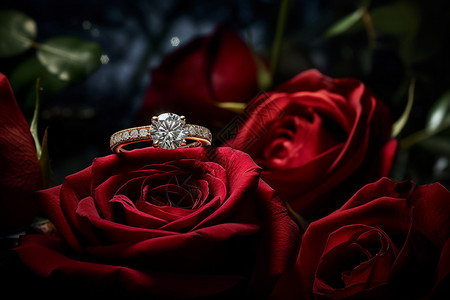 红玫瑰上的钻石戒指背景图片