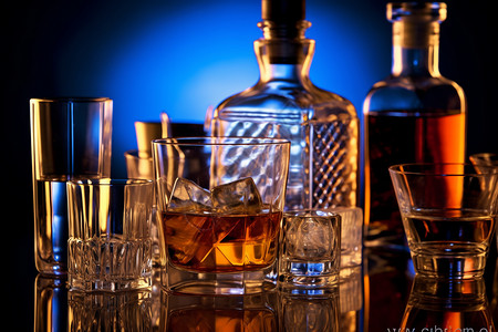伏特加玻璃瓶威士忌酒和酒杯背景