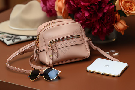 手机和墨镜粉色的手包和手机背景