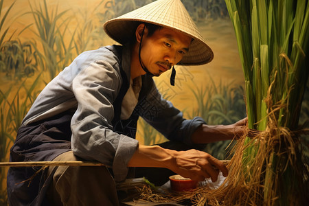 正在种植水稻的农民图片