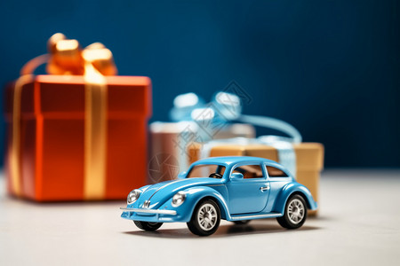 会生日蛋糕和玩具礼物蓝色的汽车模型设计图片