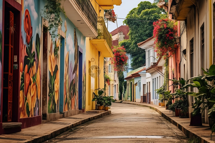 油画风格的乡镇街景图片