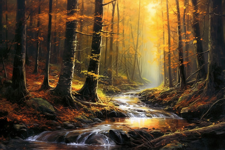 手绘油画风格森林景观图片