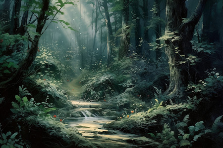 夜晚森林的油画插图图片