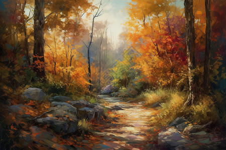 油画中的森林背景图片