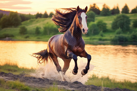 夏季河边奔跑的骏马背景图片