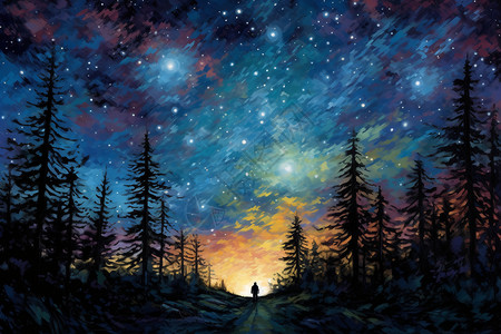 一片树林一片繁星点点的天空插画