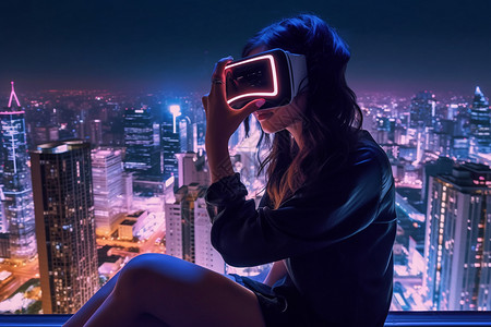 天台夜景天台上使用VR虚拟技术的女孩设计图片